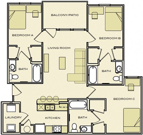 Floor plan for 3 beds, 3 baths, 1120 sqft